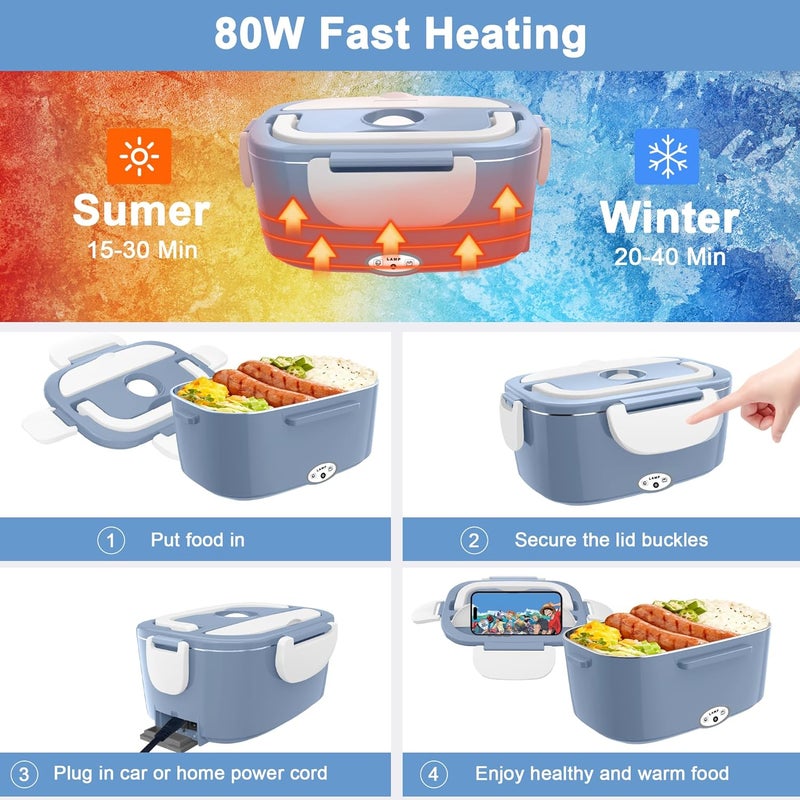 HOLDRUBY Electric Heated Lunch Boxes Adults: 80W Electric Lunch Box Food Heated 12/24/110V 1.5L Heatable Lunch Box for Car/Truck/Office Leak-Proof Stainless Steel Container,Fork & Spoon,Bag (Light Blue+White) - Image 4